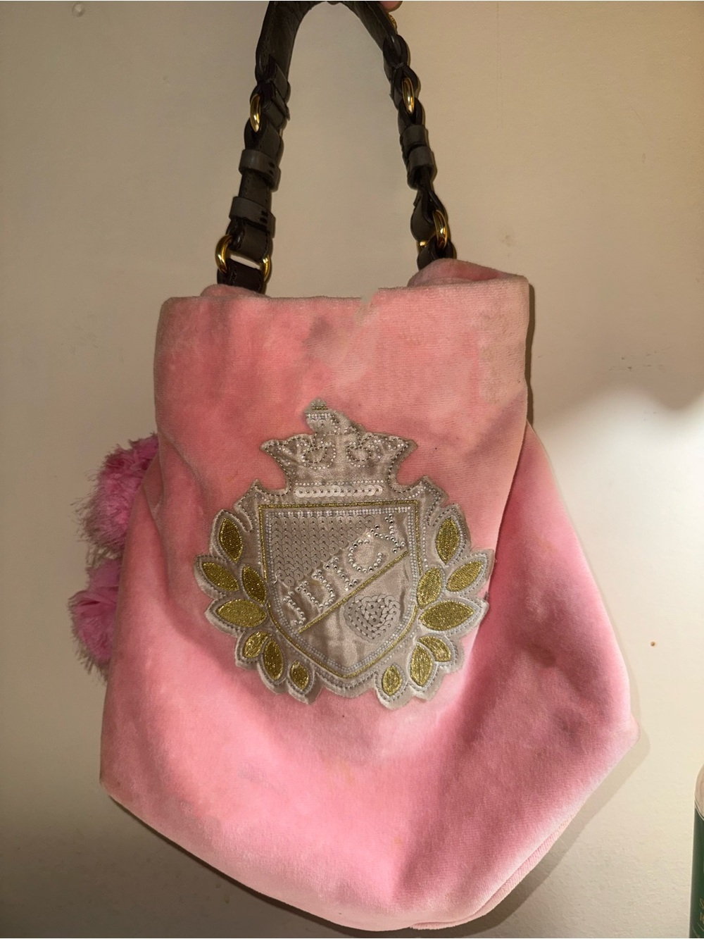 Juicy Couture Pink Velvet Crest Shoulder Bag with Braided Strap